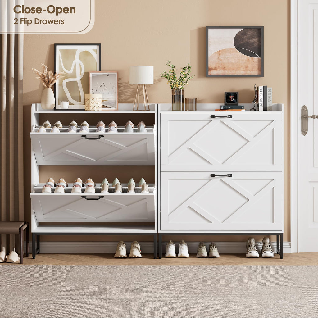 White 2 Flip Drawer Shoe Storage Cabinet Y787119