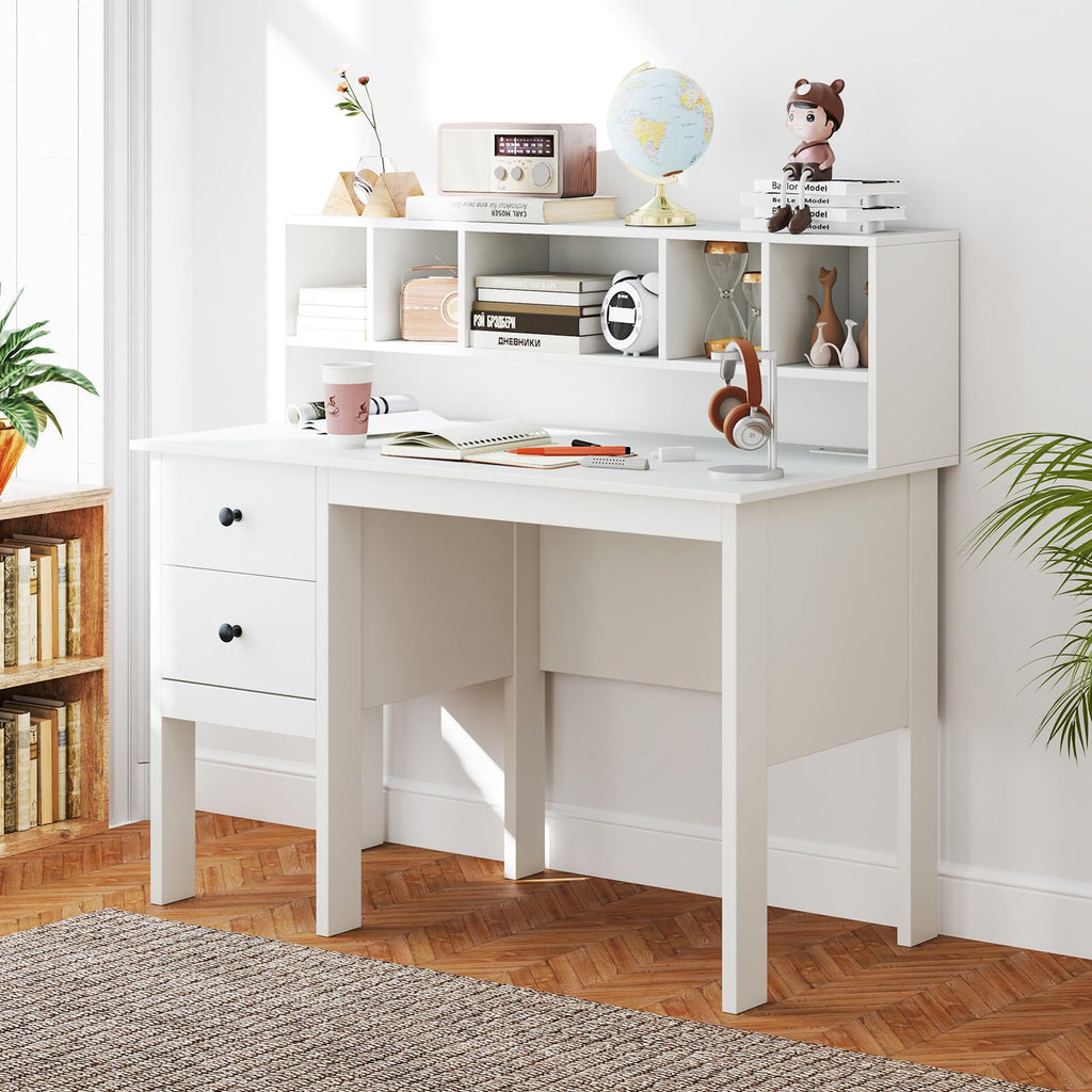 White Desk with Drawers and Hutch B296