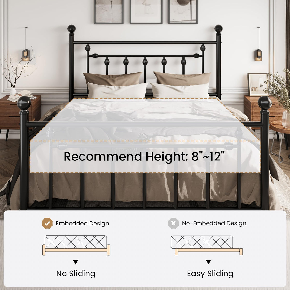 14" Full Size Black Metal Platform Bed Frame with Headboard and Footboard K193