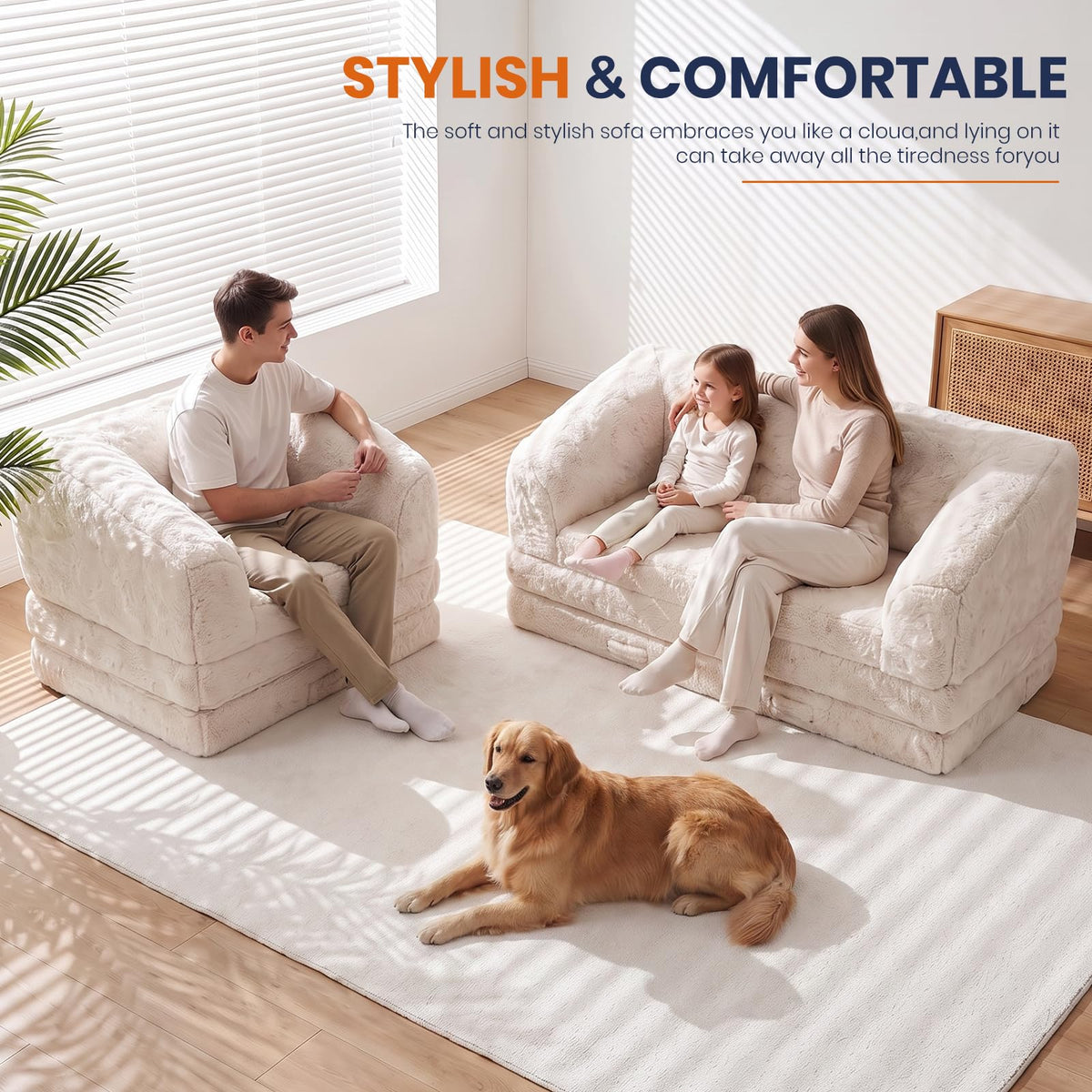 Convertible Folding Sofa Bed, 2 in 1 Portable Floor Couch & Foam Mattress with Handle, Space-Saving Faux Fur Futon Chair for Living Room, Bedroom, Guest Room (Loveseat, Beige) O28407