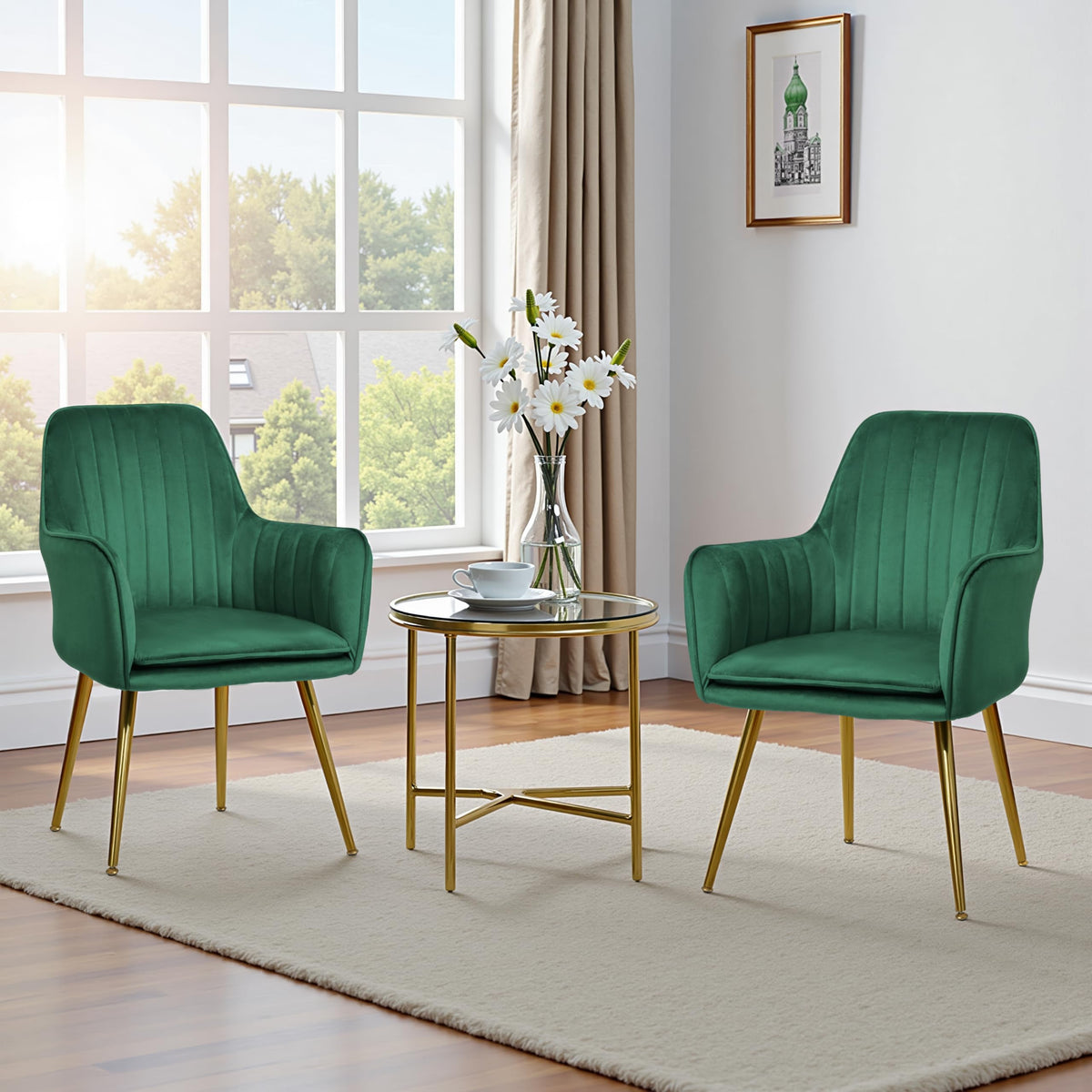 Set of 2 Green Velvet Upholstered Dining Chairs with Metal Legs Q71975