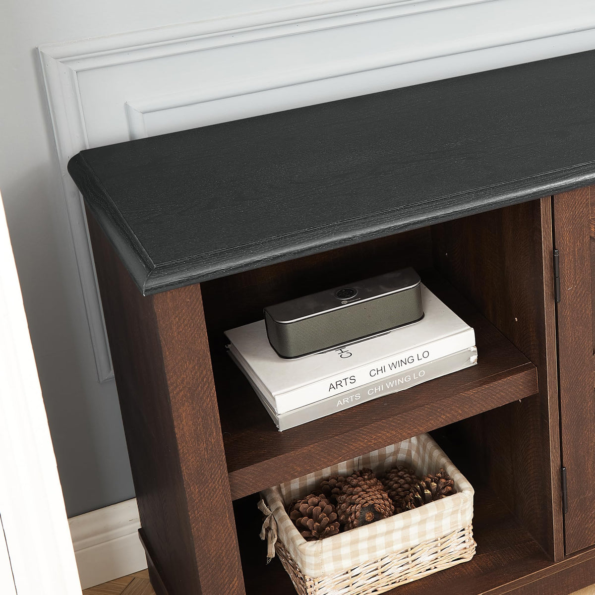 Espresso and Black TV Media Stand with Open Shelves and Closed Cabinets G32168