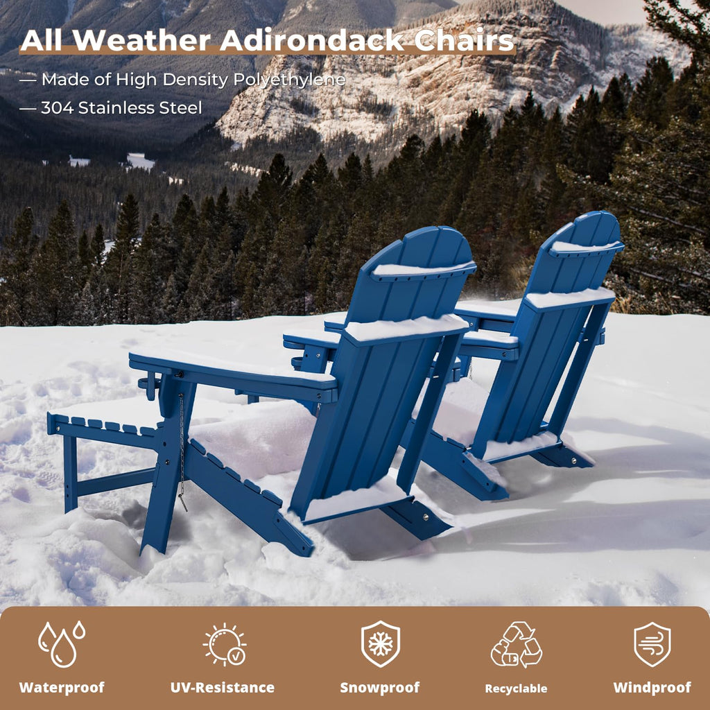 Set of 2 Blue Folding HDPE Plastic Adirondack Chairs with Pull-Out Footrest O192