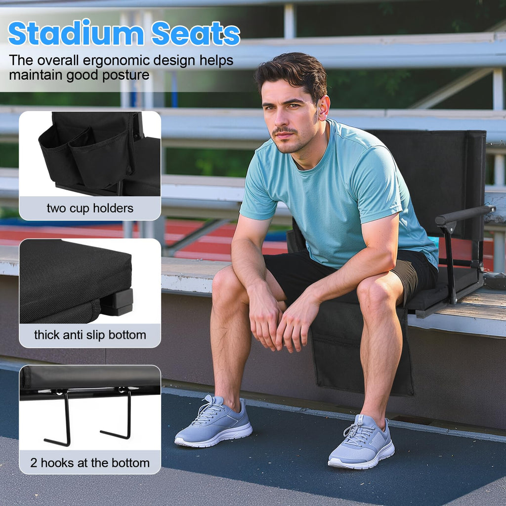 2 Pcs Black Folding Stadium Seats with Back Support and Cup Holder I32363