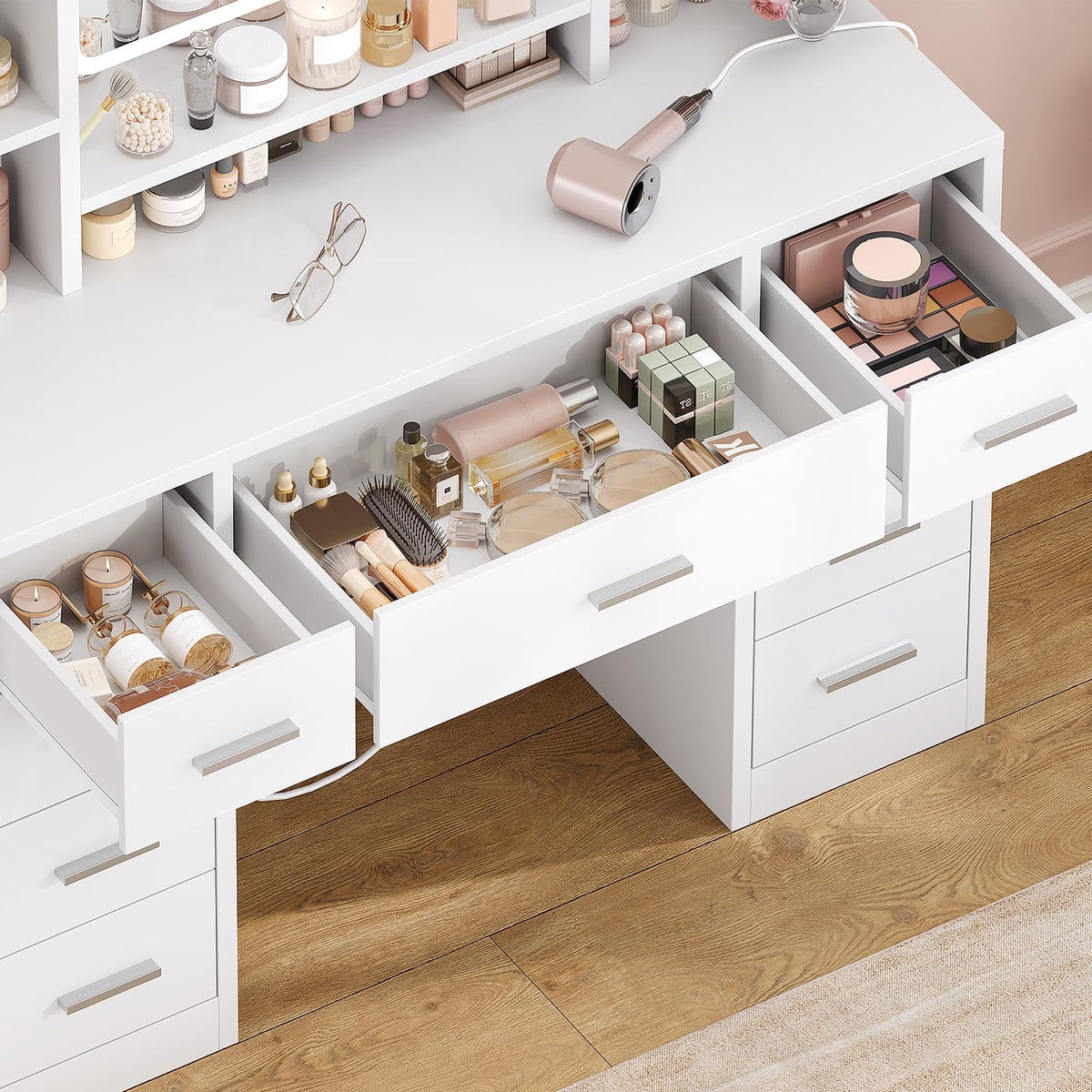 White Vanity Desk with Mirror and 9 Drawers F8801