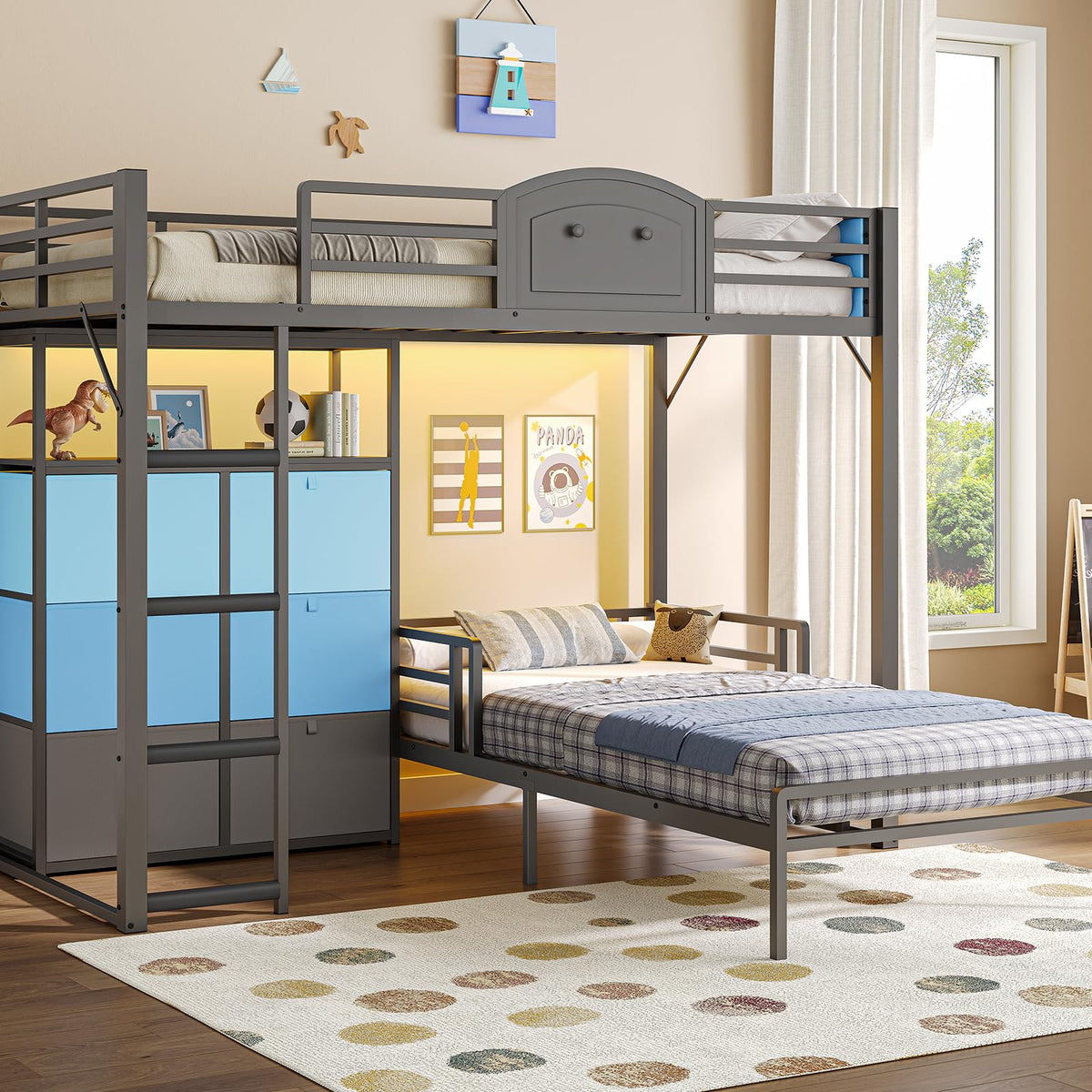 Twin Over Twin Metal Bunk Bed with 6 Storage Drawers I98551