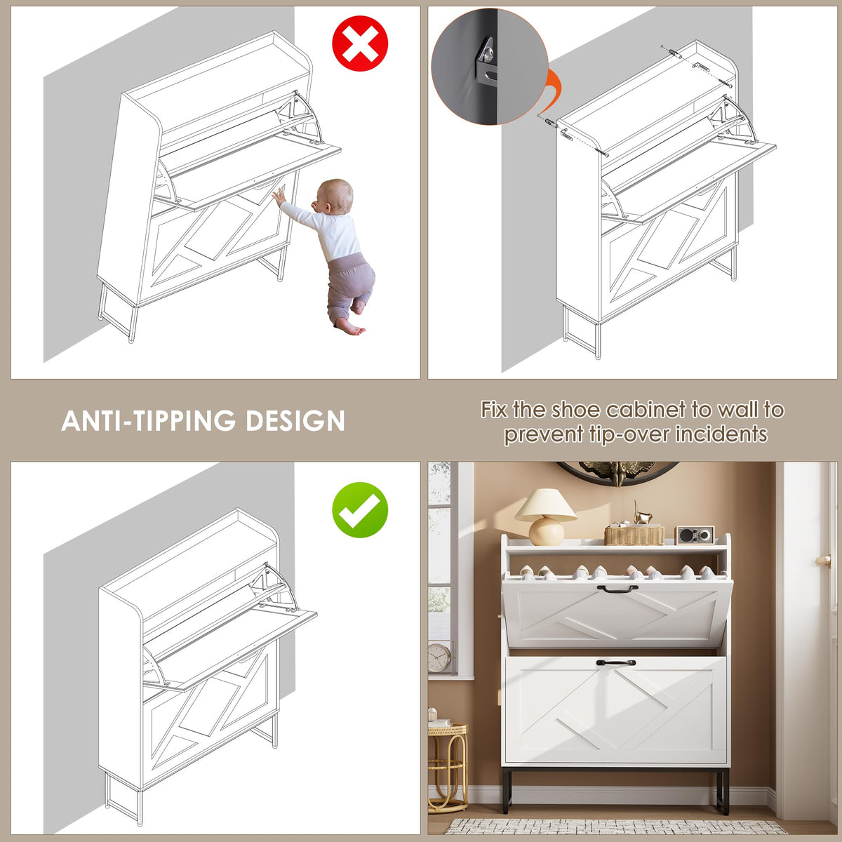 White 2 Flip Drawer Shoe Storage Cabinet Y787119