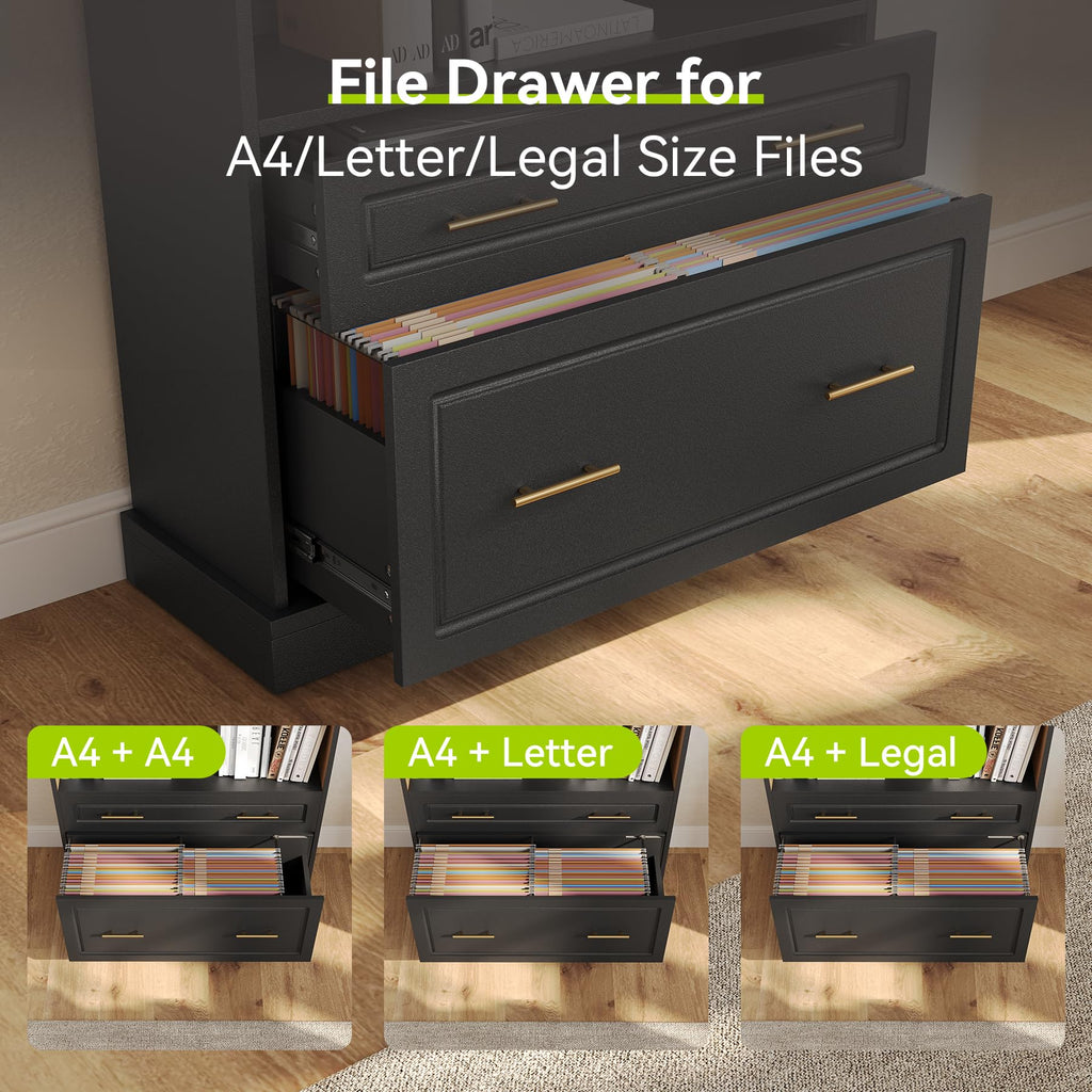 72" Tall Black 5-Tier Bookcase with 2 Drawers T655
