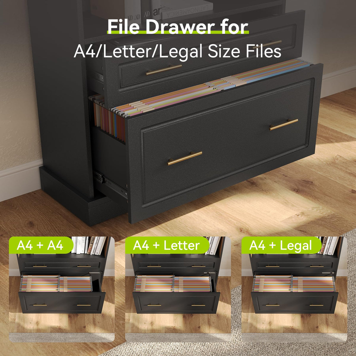 72" Tall Black 5-Tier Bookcase with 2 Drawers T655