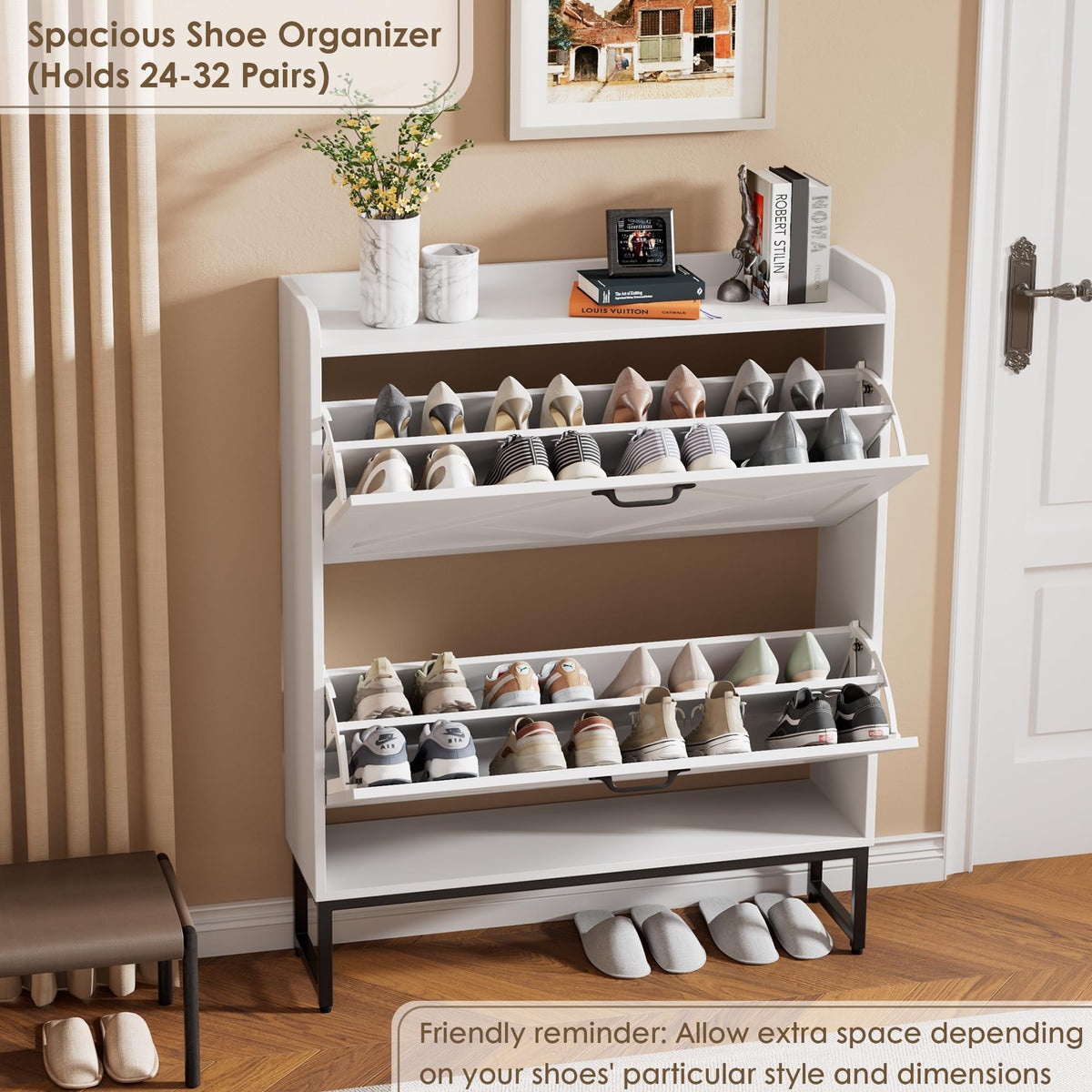 White 2 Flip Drawer Shoe Storage Cabinet Y787119