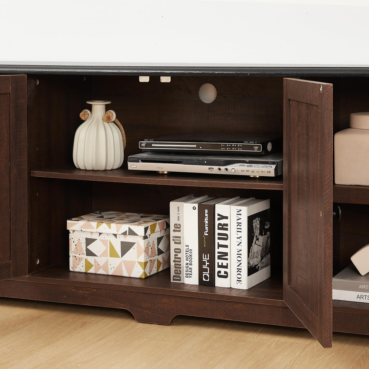 Espresso and Black TV Media Stand with Open Shelves and Closed Cabinets G32168