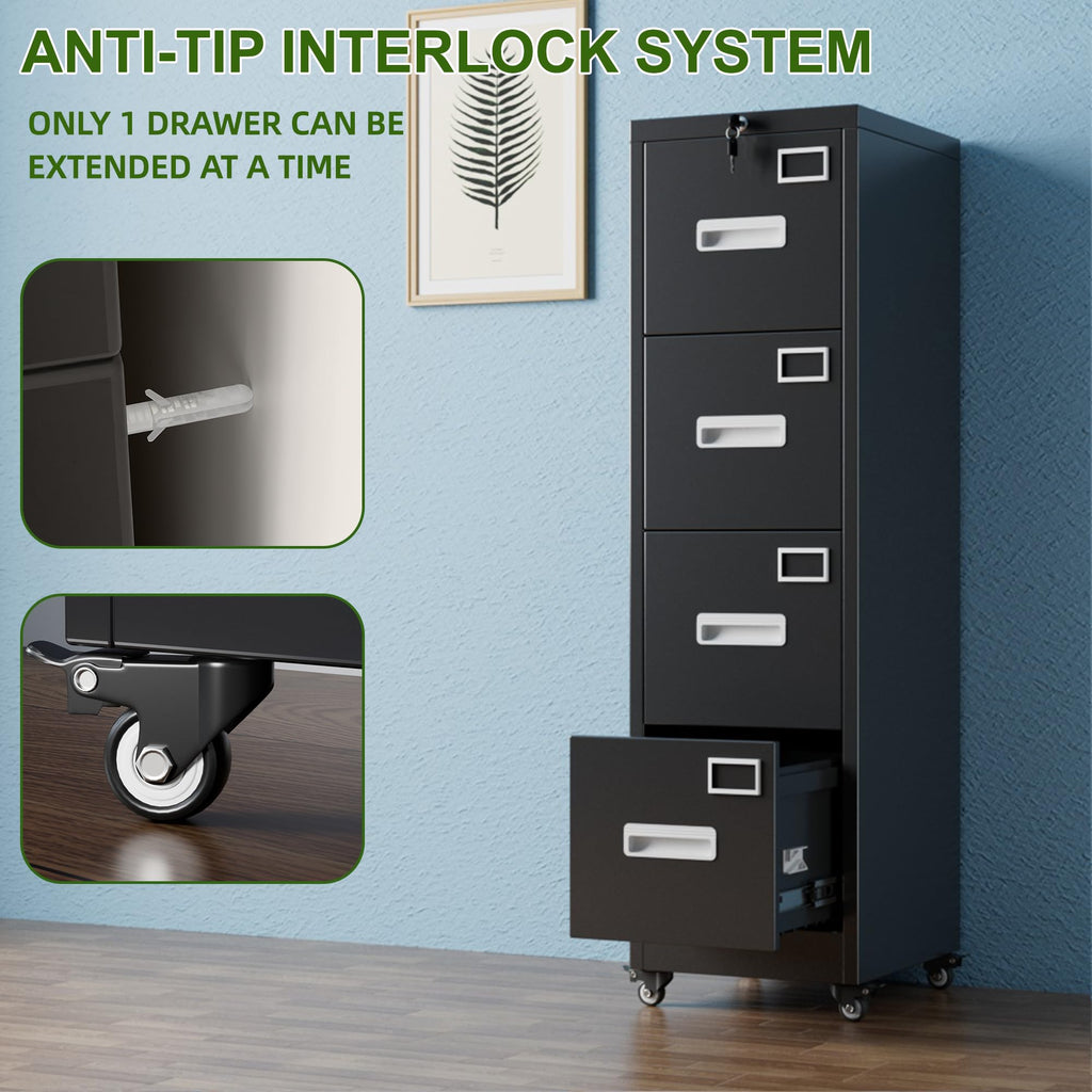 Metal 4 Drawer File Cabinet with Lock and Wheels, Black Z918
