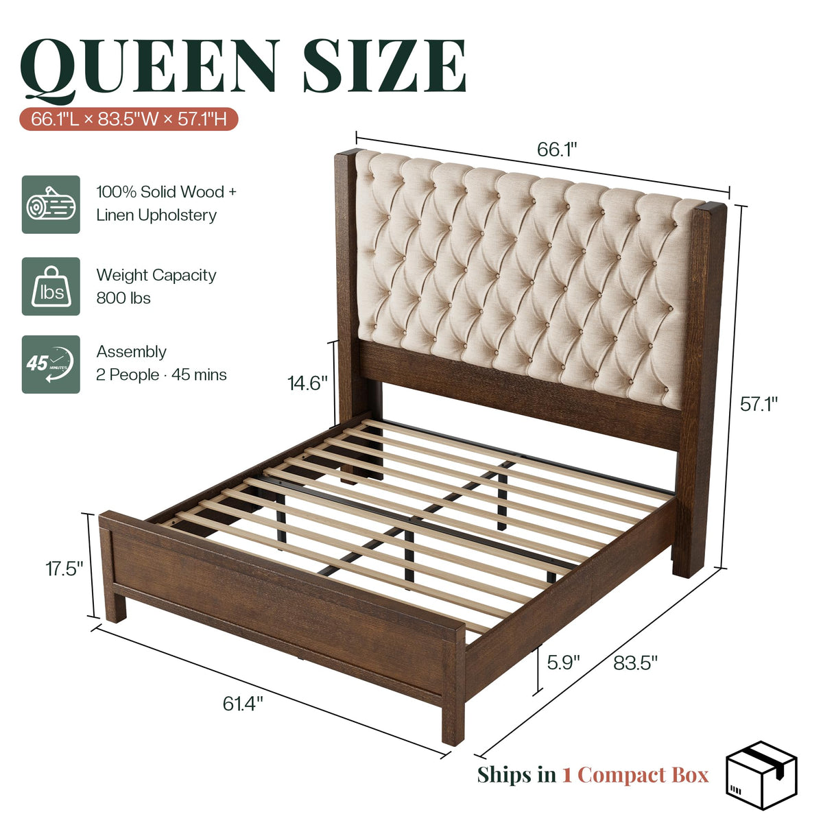 Queen Size Solid Wood Bed Frame with Wingback Headboard R880496