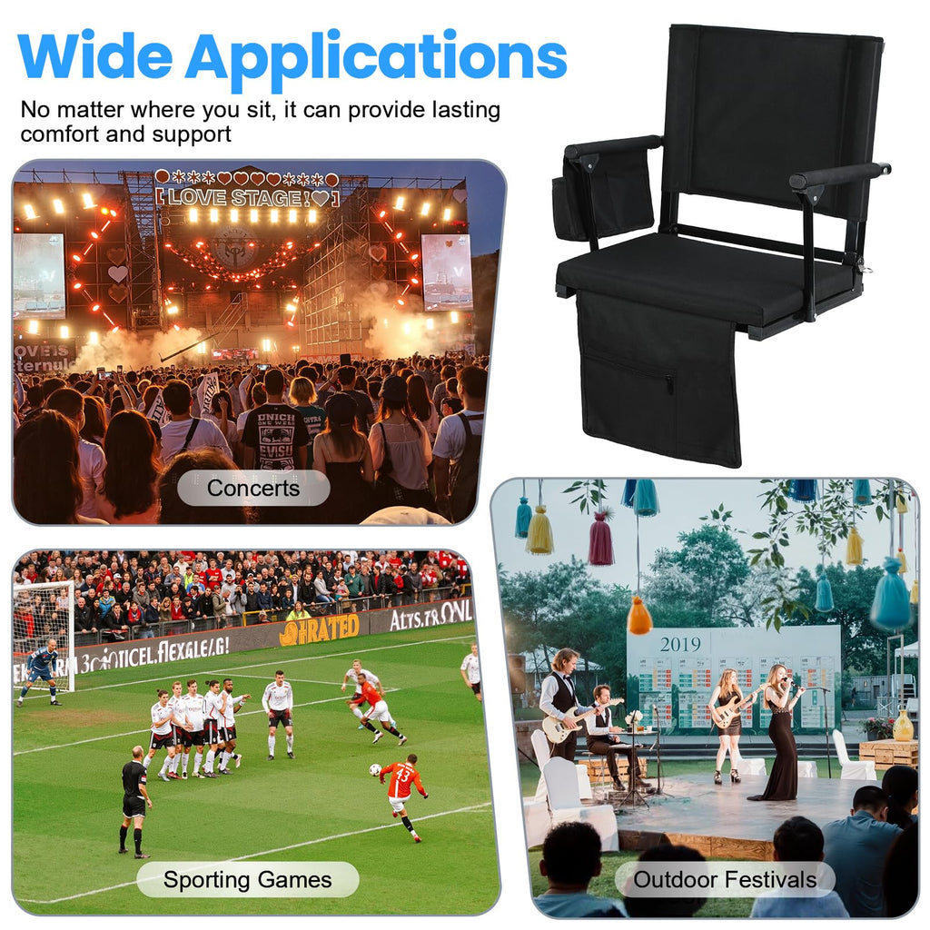 2 Pcs Black Folding Stadium Seats with Back Support and Cup Holder I32363