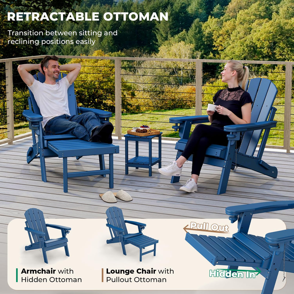 Set of 2 Blue Folding HDPE Plastic Adirondack Chairs with Pull-Out Footrest O192