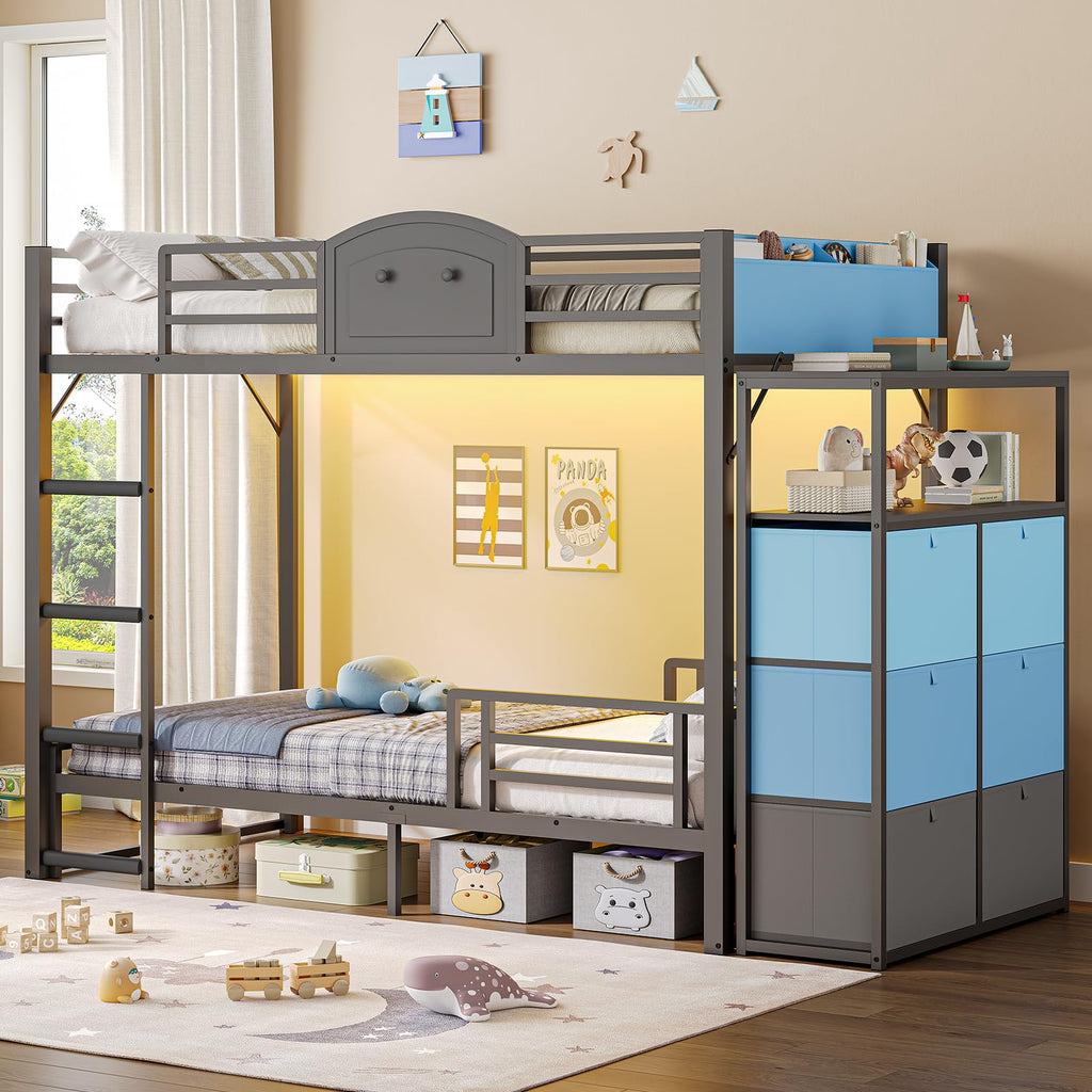 Twin Over Twin Metal Bunk Bed with 6 Storage Drawers I98551