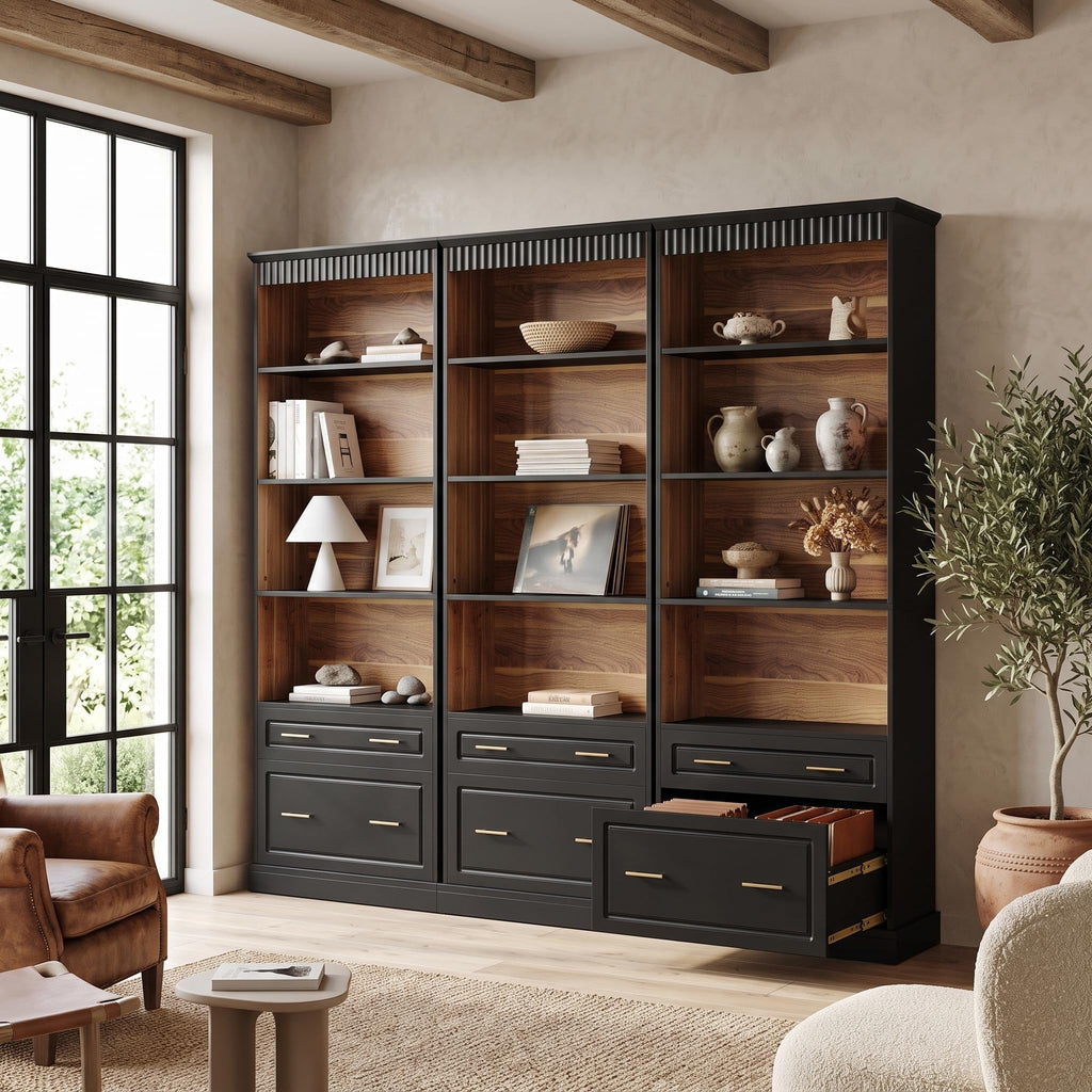 72" Tall Black 5-Tier Bookcase with 2 Drawers T655