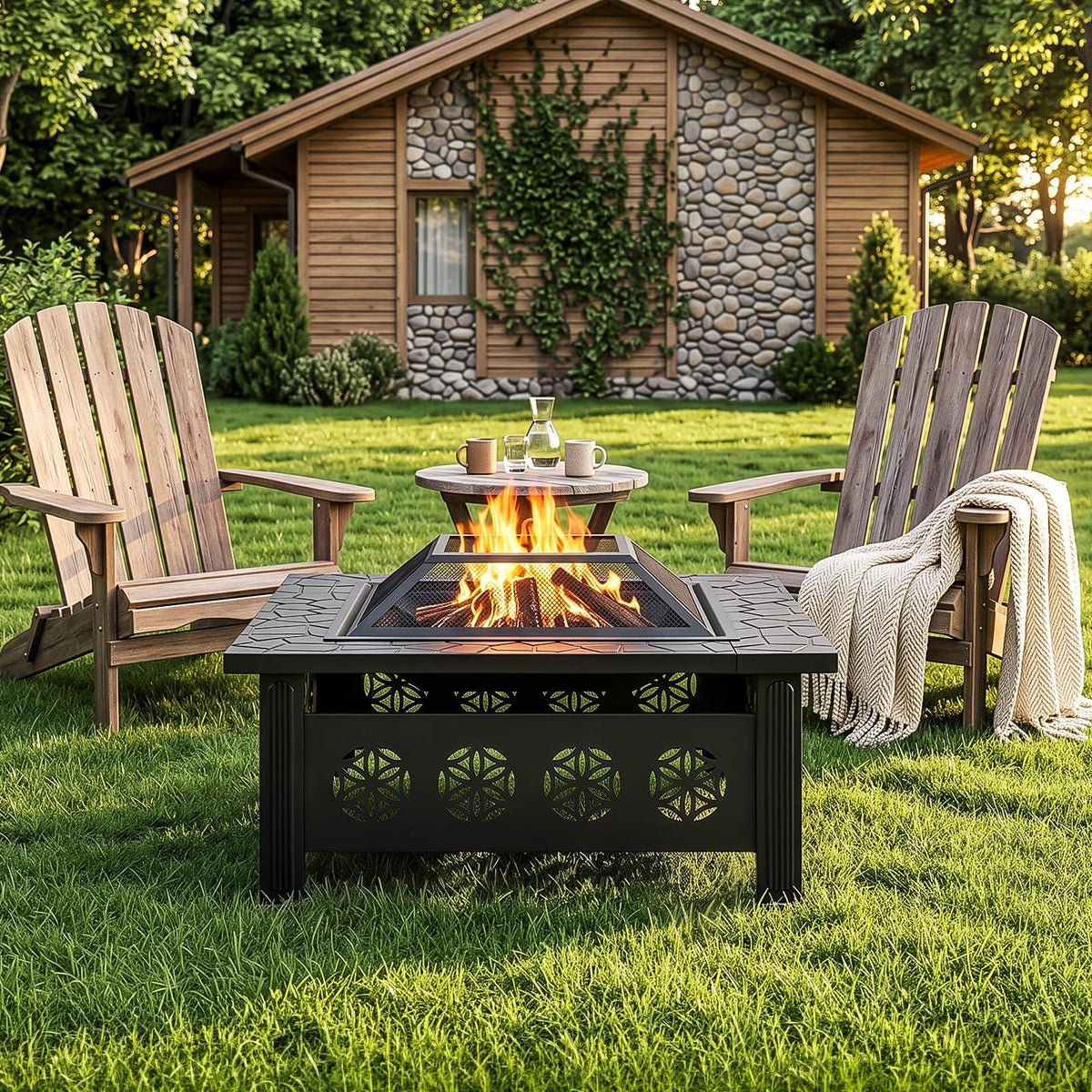 32 Inch Square Wood Burning Fire Pit Table with Spark Screen Lid and Fire Poker Y308