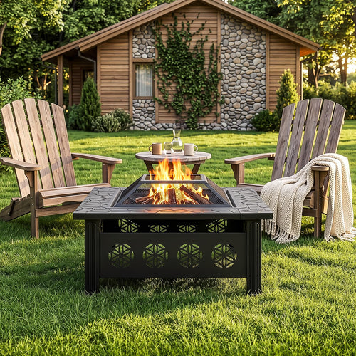 32 Inch Square Wood Burning Fire Pit Table with Spark Screen Lid and Fire Poker Y308
