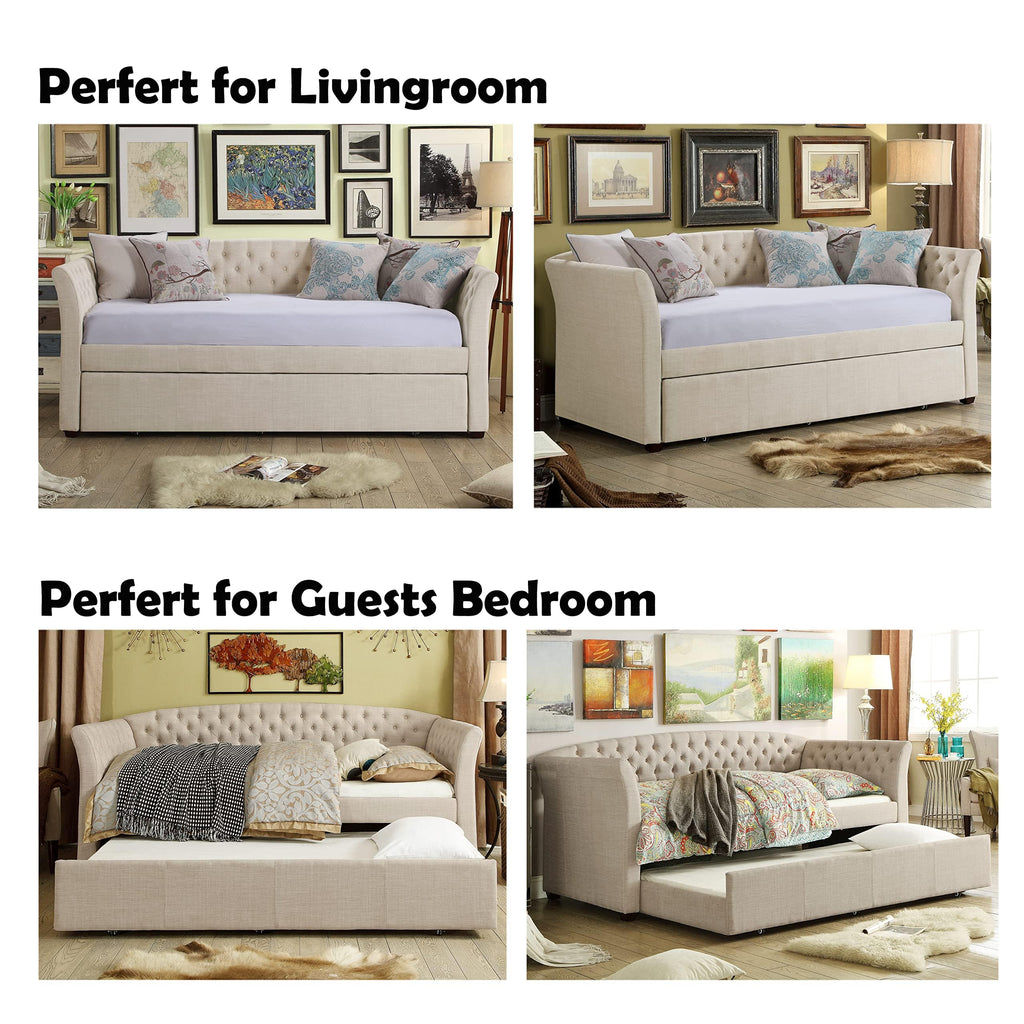 Beige Velvet Tufted Upholstered Twin Daybed with Trundle S54465