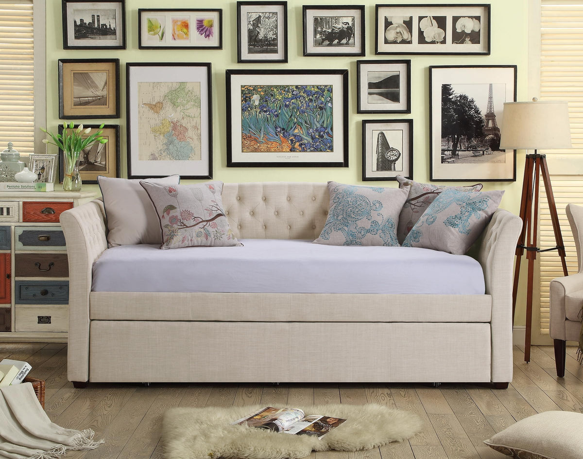 Beige Velvet Tufted Upholstered Twin Daybed with Trundle S54465