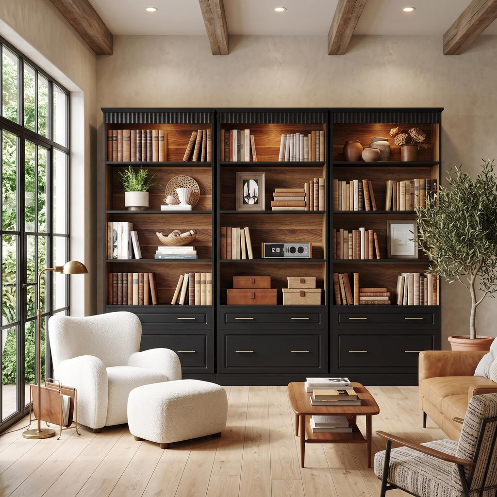 72" Tall Black 5-Tier Bookcase with 2 Drawers T655