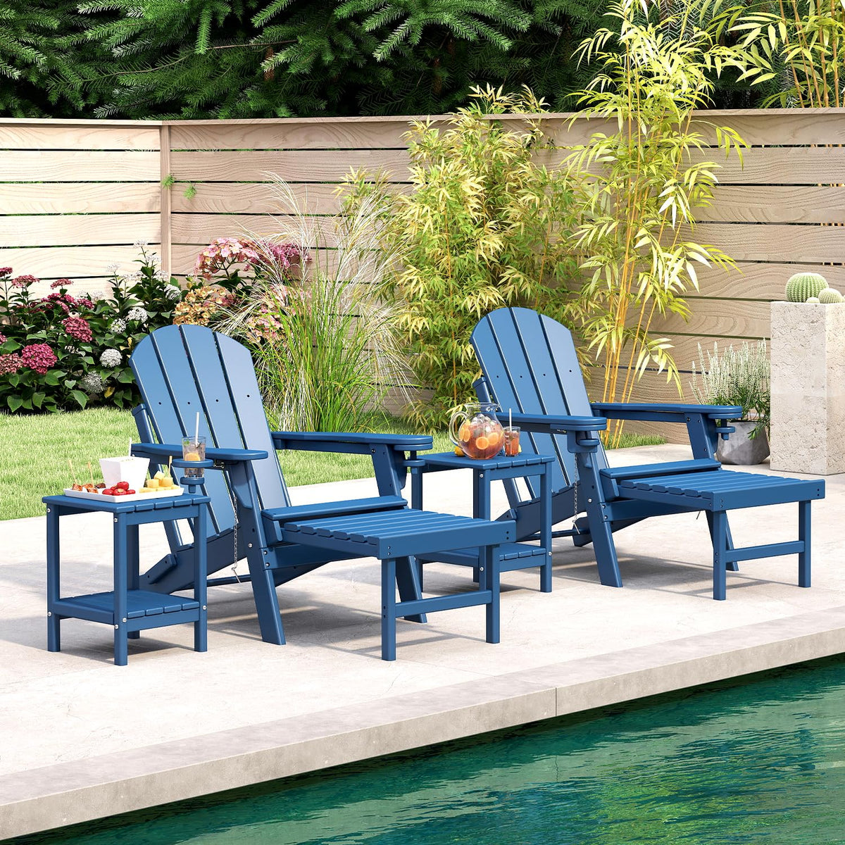 Set of 2 Blue Folding HDPE Plastic Adirondack Chairs with Pull-Out Footrest O192