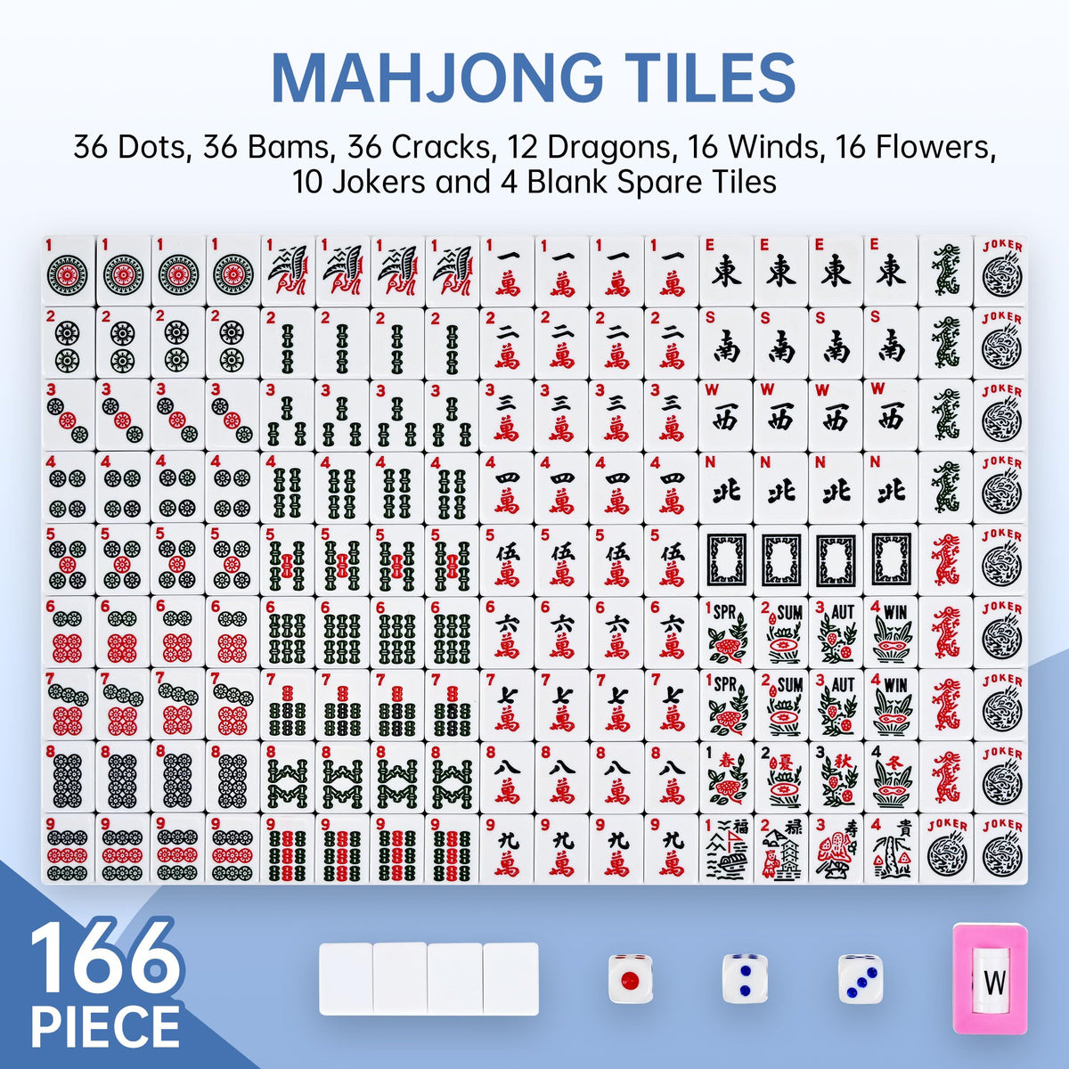 166 Tiles Mahjong Game Set with Blue Carrying Bag E436
