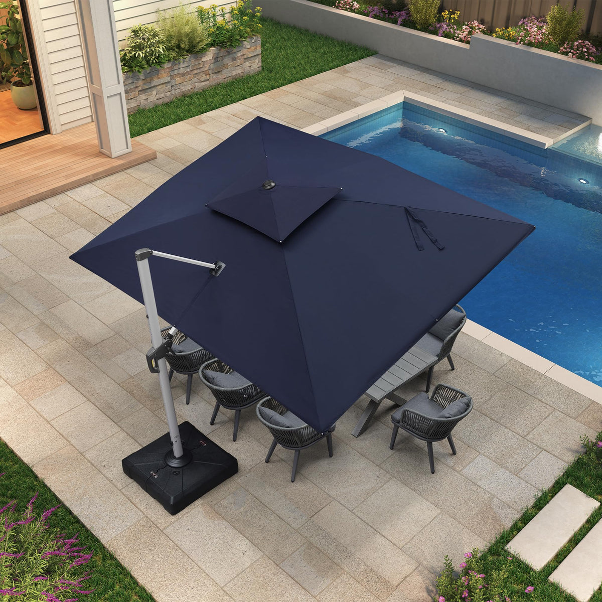 Navy Blue 9' X 12' Patio Cantilever Umbrella with Base Q9643