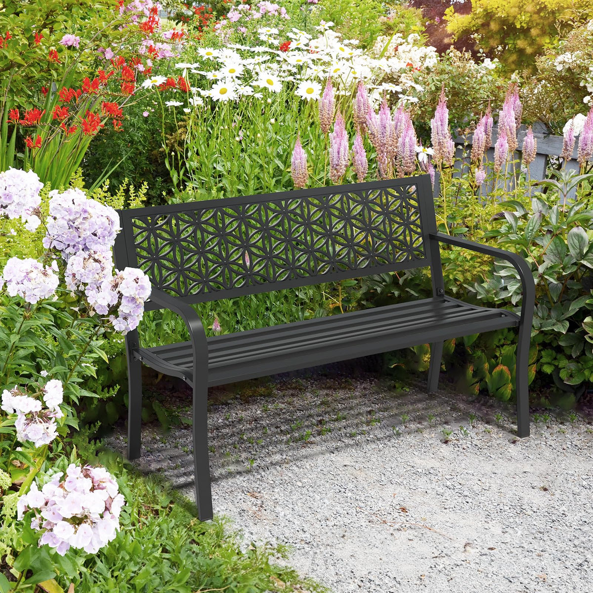 50" Black Metal Outdoor Bench with Floral Back E751862